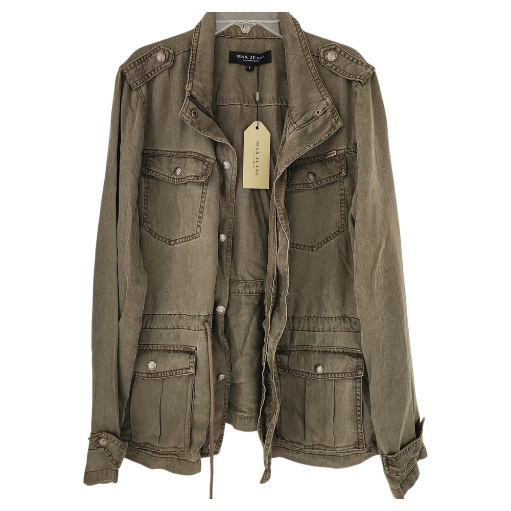 Max Jeans Olive Tencel Utility Jacket Women's L Military Cargo Safari NWT
